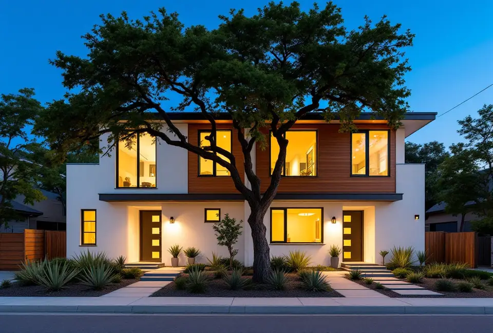Modern duplex with two front doors on a residential street in Austin, Texas at dusk