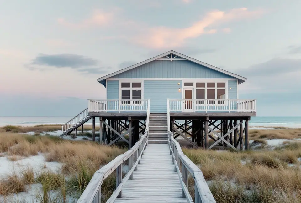 Elevated beach house on pilings behind the dunes on the Texas Gulf Coast