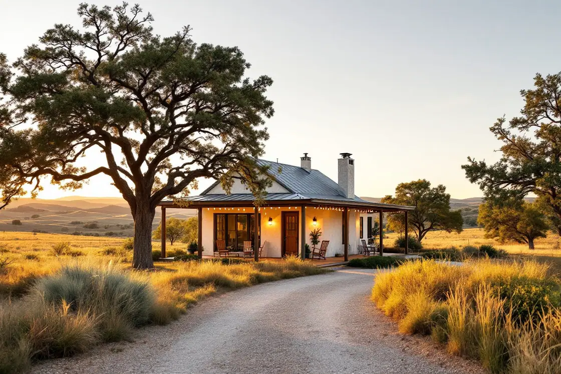 Limestone short-term rental home with a covered porch under live oaks in the Texas Hill Country at golden hour